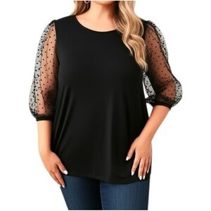 Kim & Cami Polka Dot Mesh Short Puff Sleeve Black Top Size 2X